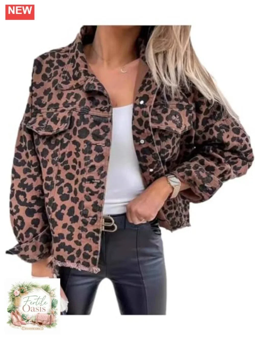 Women's Leopard Print Denim Jacket Long Sleeve Animal Print Jean Coat